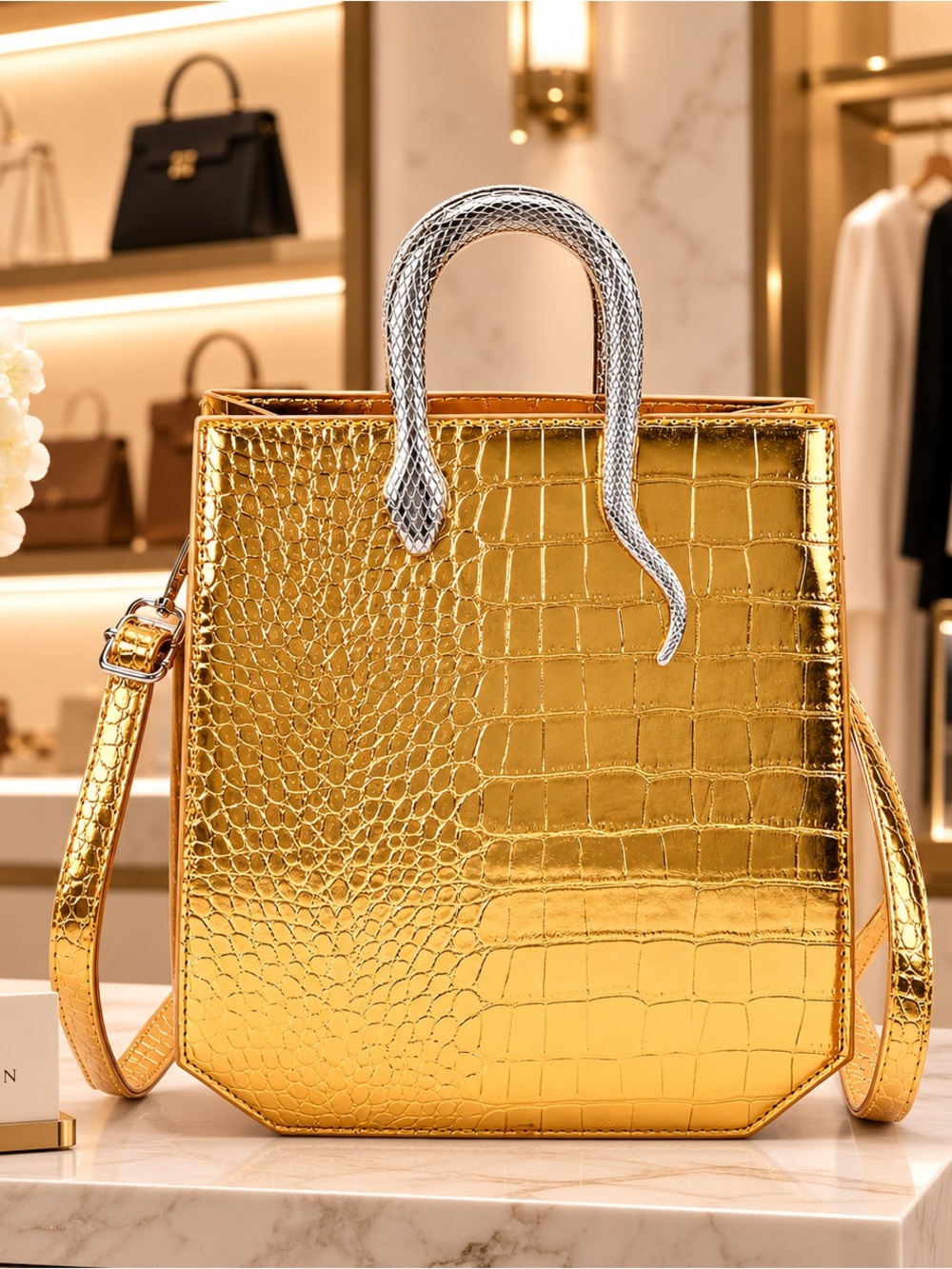 Gold Faux Alligator Purse with Cleopatra Snakes Silver Handles.